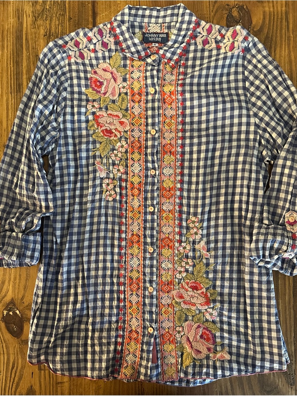 Johnny Was Blue Gingham Button-Down with Floral Embroidery